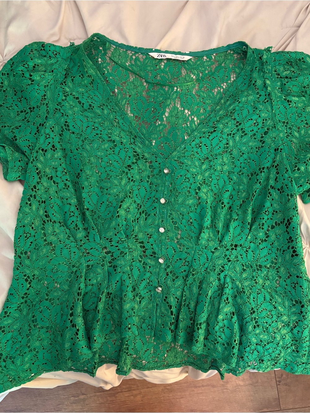 Zara Emerald Green Lace Button-Peplum Blouse